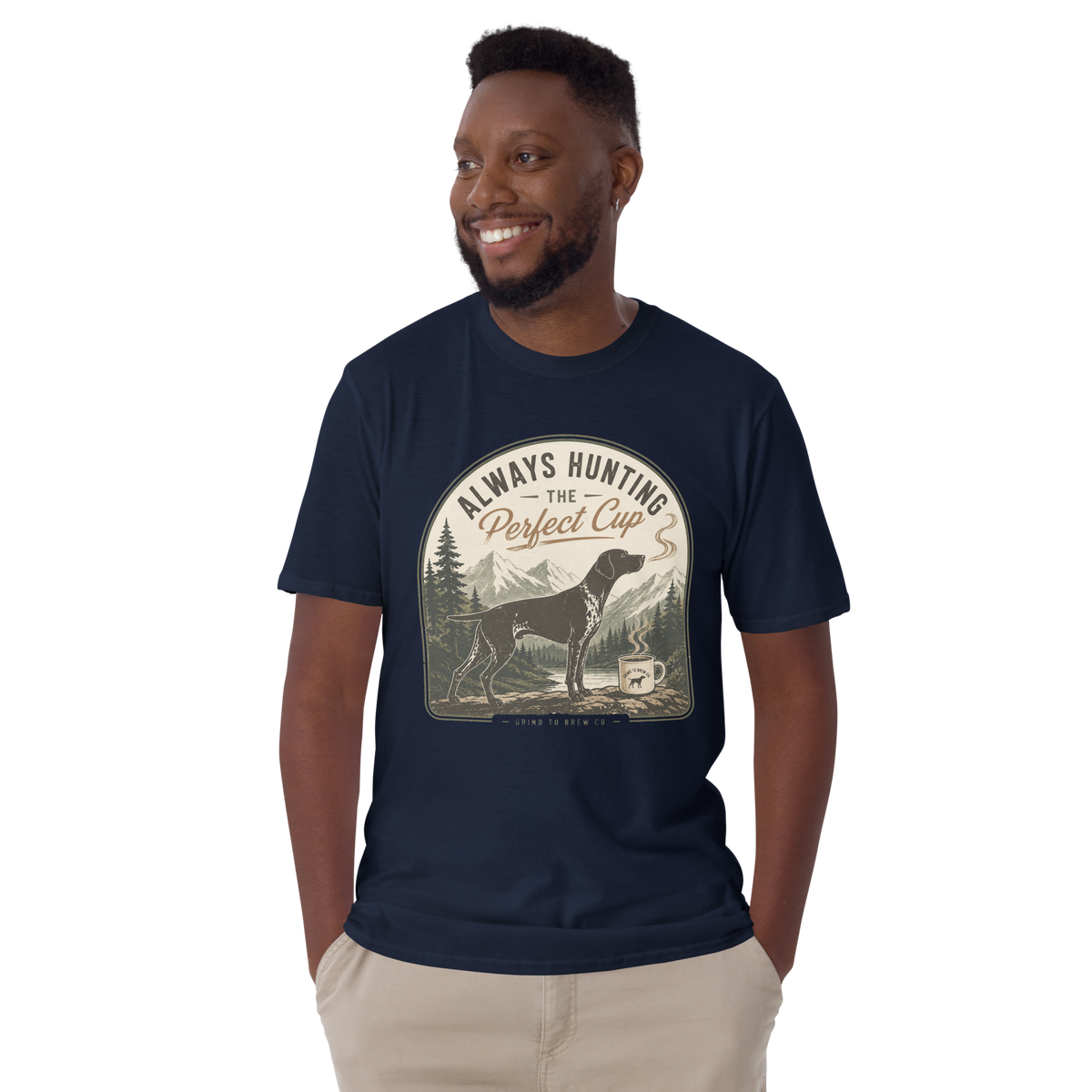 Coffee T-Shirt | Always Hunting the Perfect Cup | Vintage Coffee Adventure | Front Print | Dark Colors